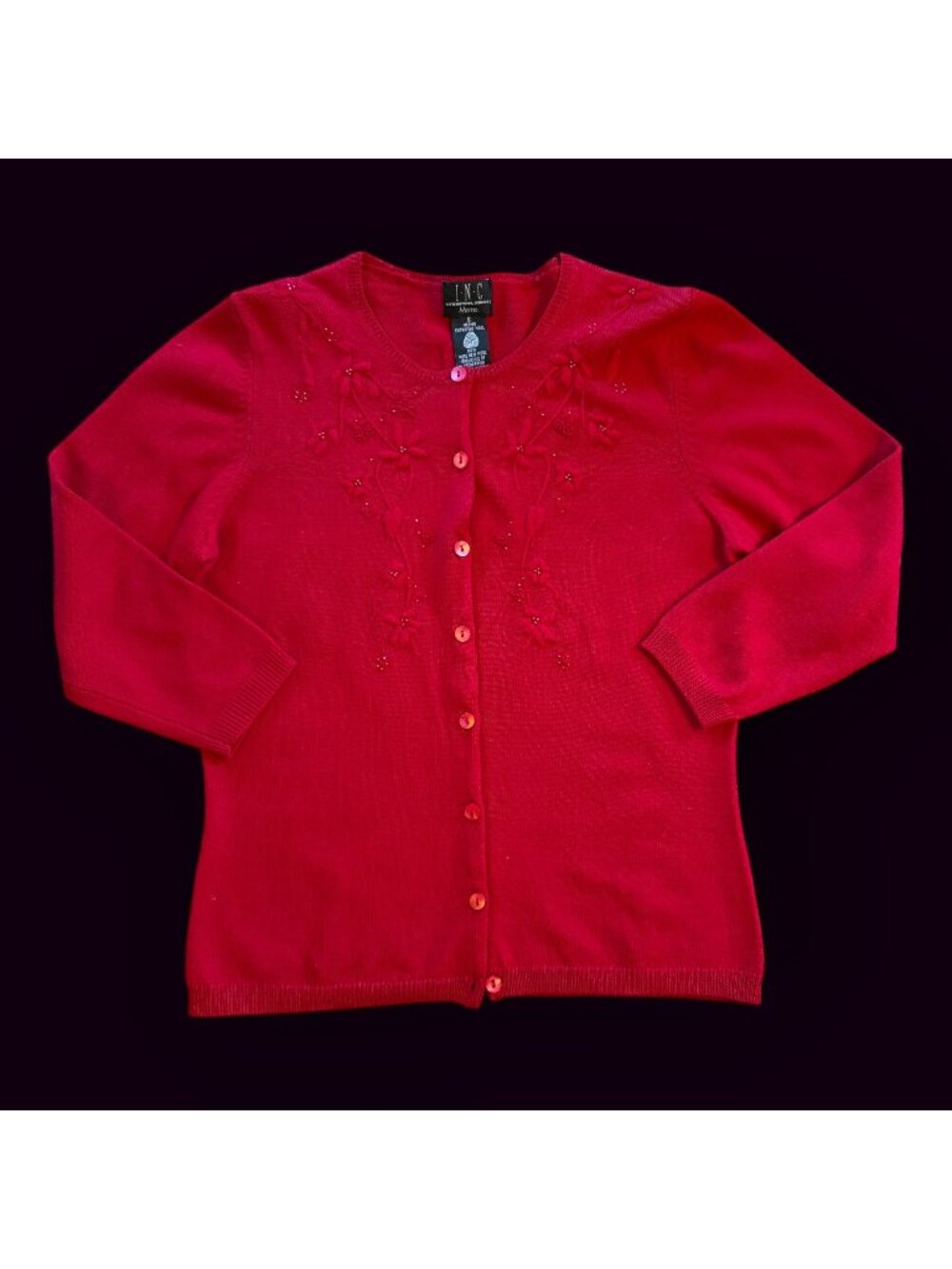 Vintage I.N.C Merino Wool Floral Beaded Embroidered Red Cardigan S